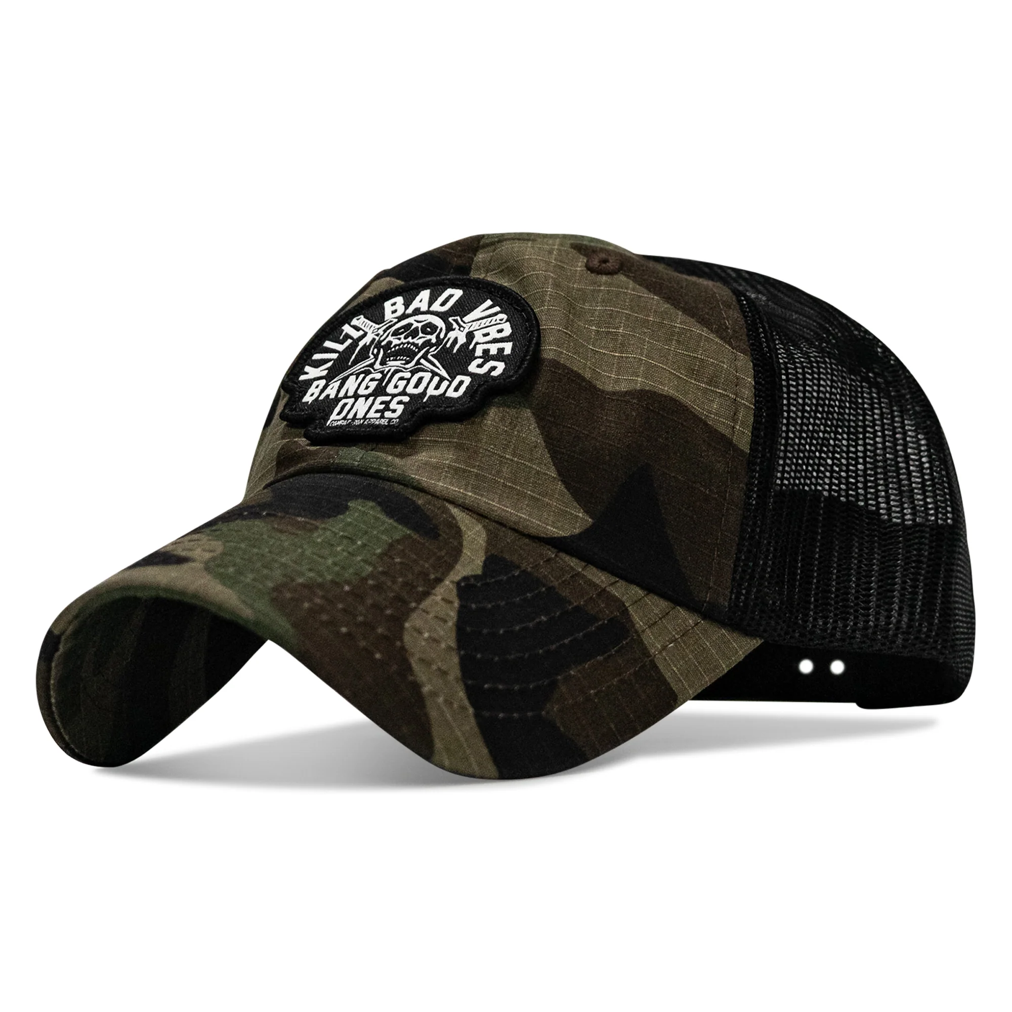Kill Bad Vibes Skull Patch Tactical Ripstop Mesh Snapback Hat - Image 2