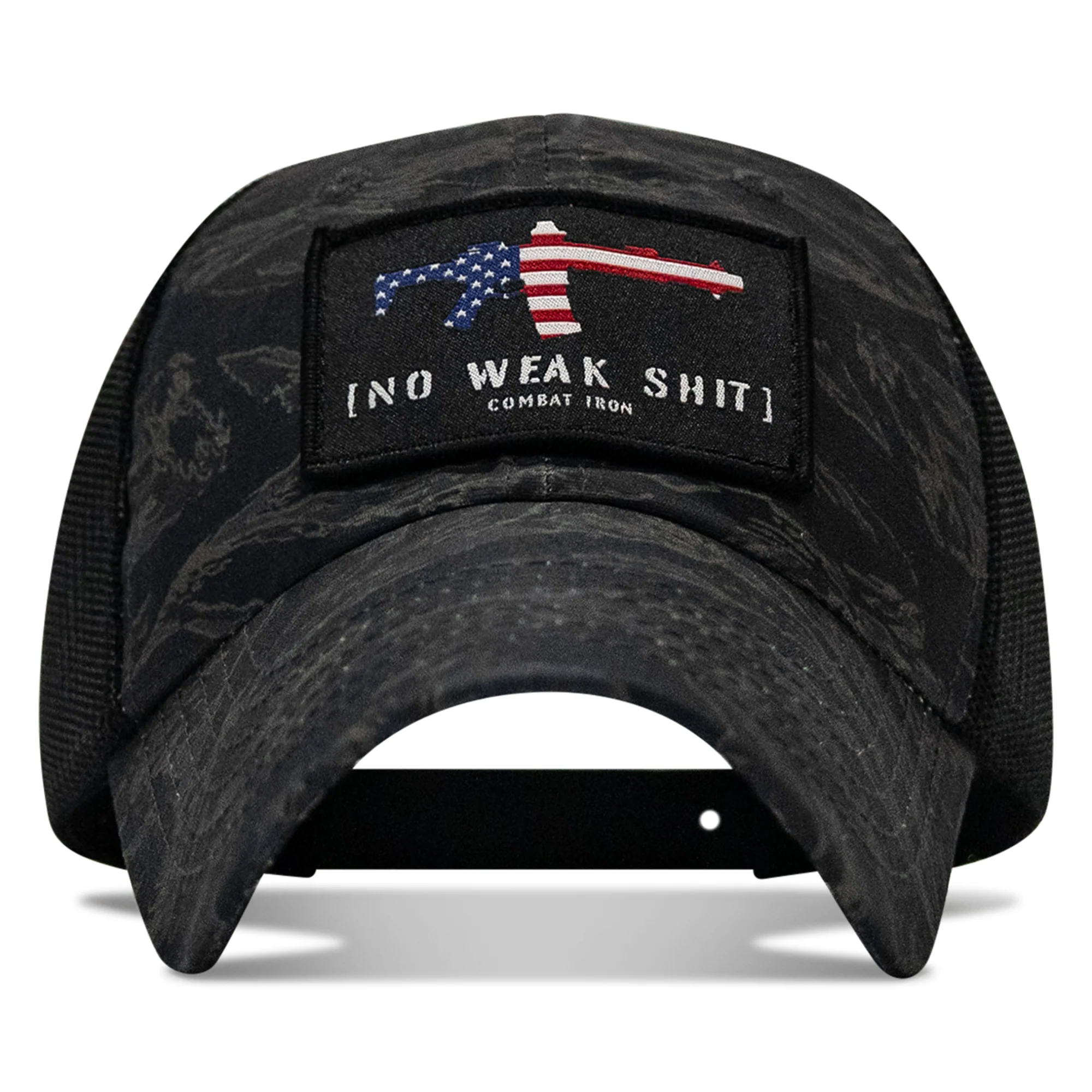No Weak Shit American Flag Rifle Patch Tactical Ripstop Mesh Snapback Hat - Image 17
