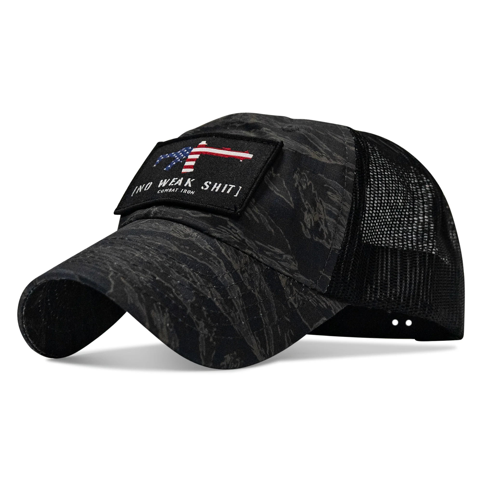 No Weak Shit American Flag Rifle Patch Tactical Ripstop Mesh Snapback Hat - Image 18